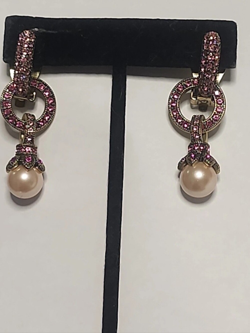 MINT Heidi Daus Interchangeable Drop Earrings Pink Emerald Cut Crystal & Pearl